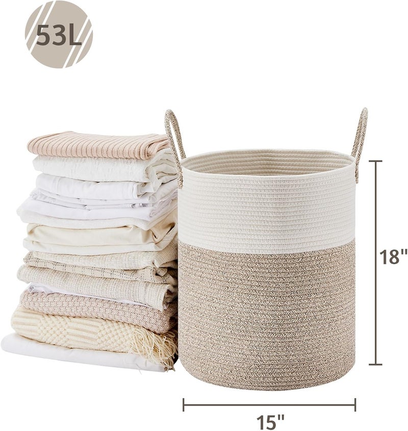 VIPOSCO Large Laundry Hamper, Tall Woven Rope Storage Basket for Blanket, Toys, Dirty Clothes in Living Room, Bathroom, Bedroom - 53L White & Brown - Image 5