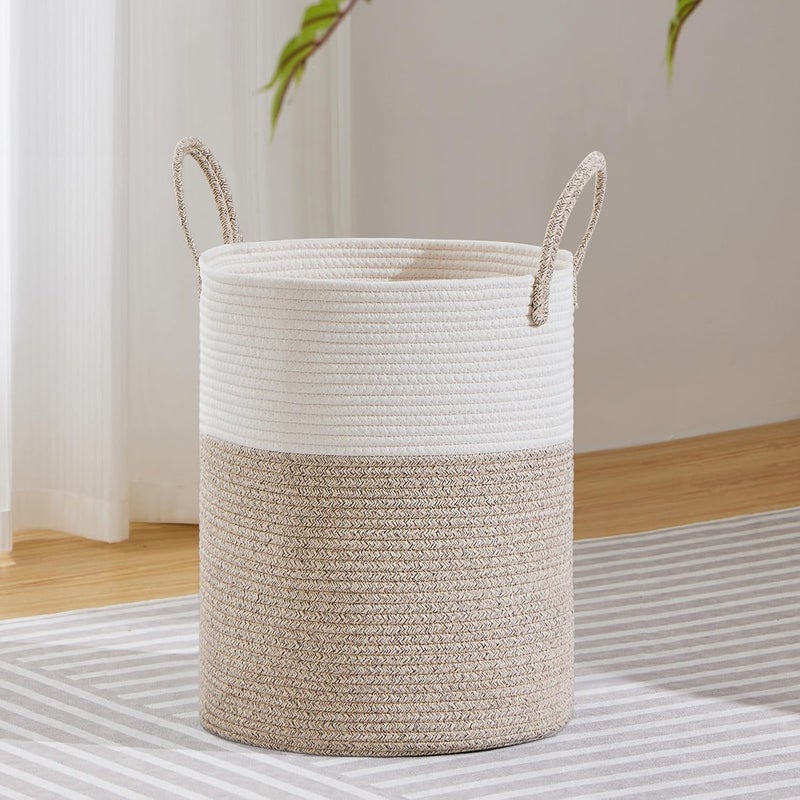 VIPOSCO Large Laundry Hamper, Tall Woven Rope Storage Basket for Blanket, Toys, Dirty Clothes in Living Room, Bathroom, Bedroom - 53L White & Brown - Image 1
