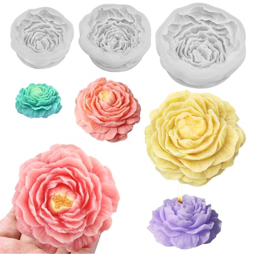 ZQYSING 3 Pcs Peony Candle Mold for Candle Making, Set of Large + Medium +Small 3D Peony Flower Silicone Molds for Epoxy Resin Casting Wax Soap Clay Plaster Home Décor Handmade Gift - Image 1