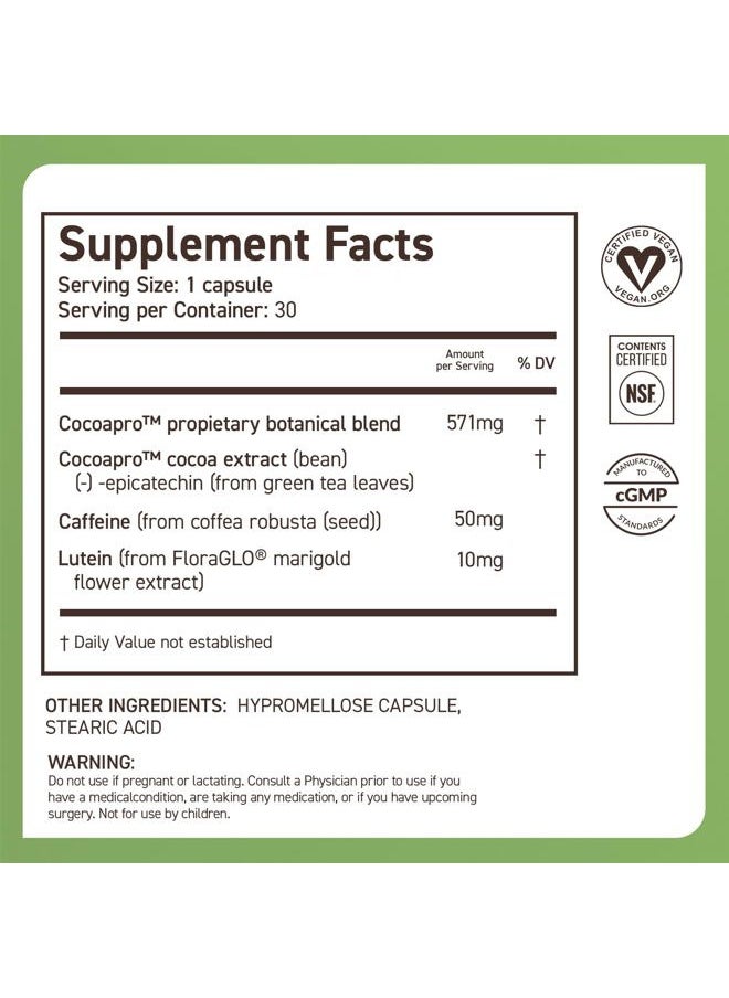 Memory & Focus Brain Supplement, 90 Day, Cocoa Flavanol Blend, Lutein, Added Caffeine for Boost. Improve Cognitive Function, Attention, Vegan & Plant Based, 90 Capsules