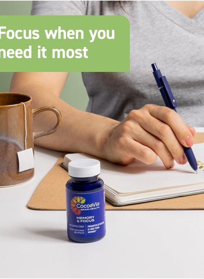 Memory & Focus Brain Supplement, 90 Day, Cocoa Flavanol Blend, Lutein, Added Caffeine for Boost. Improve Cognitive Function, Attention, Vegan & Plant Based, 90 Capsules