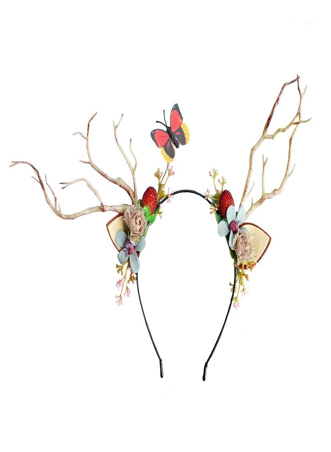 LLinfflr Deer Antler Cat Ear Headband with Flowers for Cosplay Party Costume - Image 1
