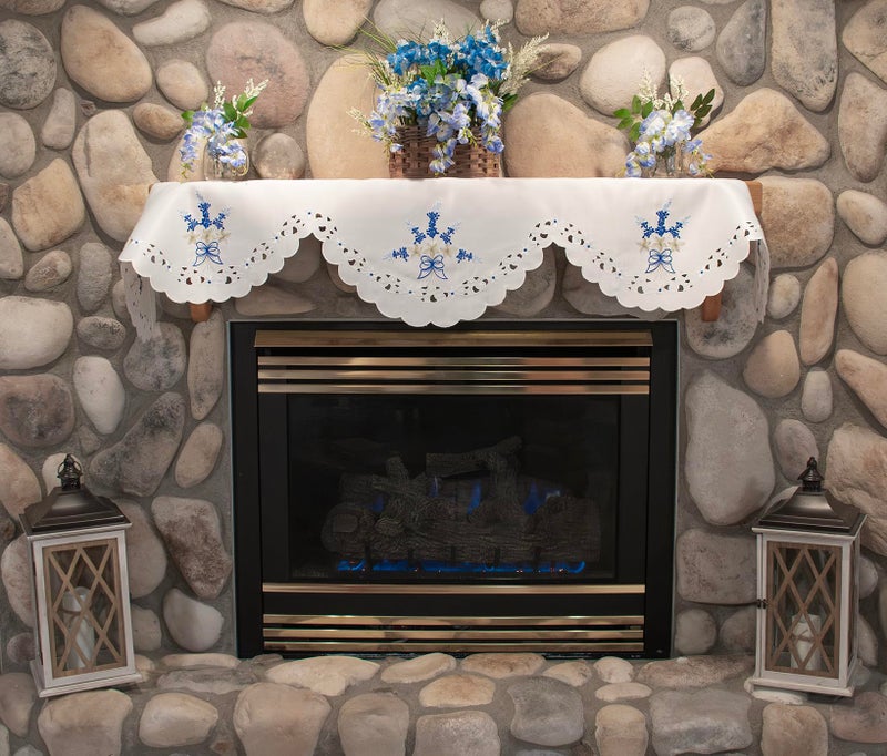 Linens, Art and Things Embroidered Fireplace Mantel Scarf with Blue and White Blue Bonnets and Cut Work 19Wx90L 
