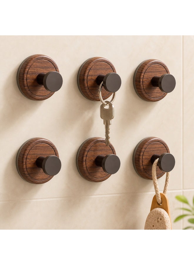 6pcs ABS Suction Cup Wall Hooks, Wood-Look Round Knob Design, Bathroom Kitchen Home Storage - Image 1