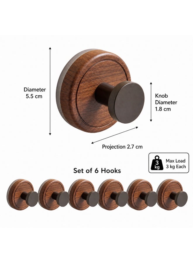 6pcs ABS Suction Cup Wall Hooks, Wood-Look Round Knob Design, Bathroom Kitchen Home Storage - Image 4