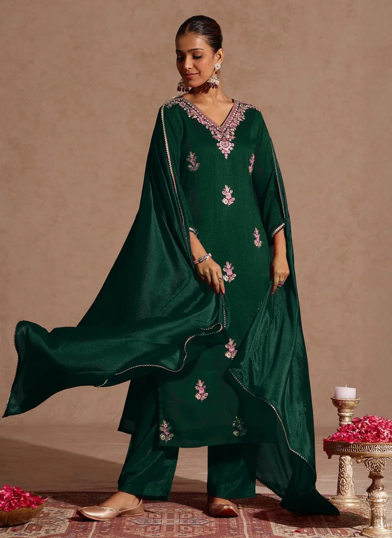 Bottle Green Silk Blend Embroidered 3-Piece Kurta Set