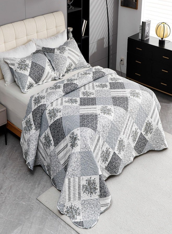 Cmfshape Summer Floral King Bedspread,Romantic Grey Quilt Set King,Reversible Stitched Bedding Set All Season,Soft Lightweight Coverlet with Pillow Cases (Dark Grey, King102 x90) - Image 3