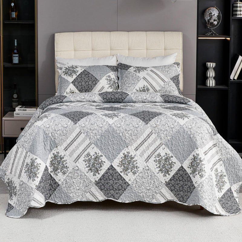 Cmfshape Summer Floral King Bedspread,Romantic Grey Quilt Set King,Reversible Stitched Bedding Set All Season,Soft Lightweight Coverlet with Pillow Cases (Dark Grey, King102 x90) - Image 1