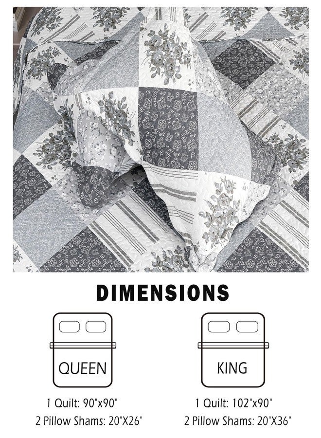 Cmfshape Summer Floral King Bedspread,Romantic Grey Quilt Set King,Reversible Stitched Bedding Set All Season,Soft Lightweight Coverlet with Pillow Cases (Dark Grey, King102 x90) - Image 5