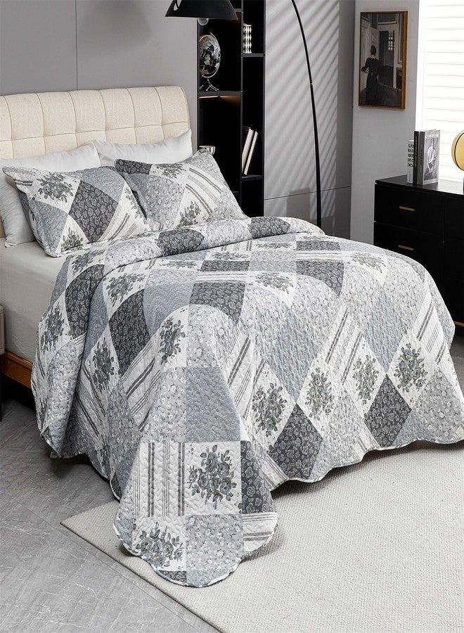 Cmfshape Summer Floral King Bedspread,Romantic Grey Quilt Set King,Reversible Stitched Bedding Set All Season,Soft Lightweight Coverlet with Pillow Cases (Dark Grey, King102 x90) - Image 2