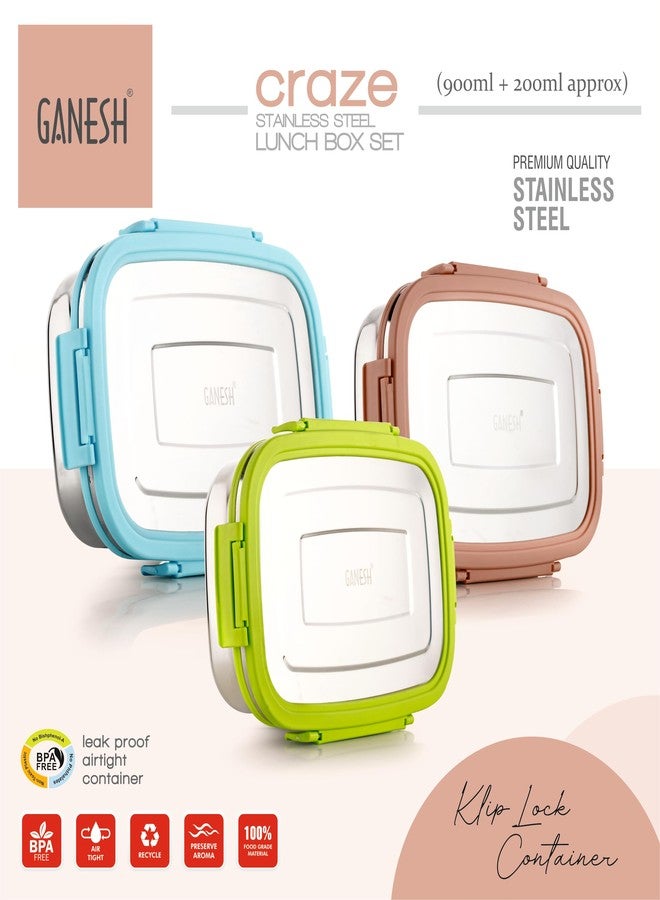 Ganesh Craze Stainless Steel Tiffin Lunch Box Container/Dabba with 4 Side Clip Lock Lid for Office & School Use/Food Grade/Air Tight/Easy to Carry/Leak Proof(900ml 1pc + 200ml 1 Pc) Green - Image 3
