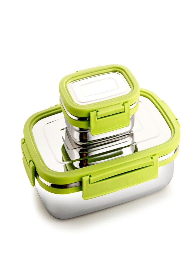 Ganesh Craze Stainless Steel Tiffin Lunch Box Container/Dabba with 4 Side Clip Lock Lid for Office & School Use/Food Grade/Air Tight/Easy to Carry/Leak Proof(900ml 1pc + 200ml 1 Pc) Green - Image 1