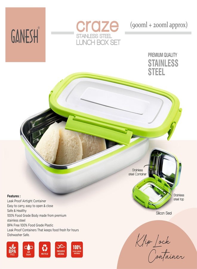 Ganesh Craze Stainless Steel Tiffin Lunch Box Container/Dabba with 4 Side Clip Lock Lid for Office & School Use/Food Grade/Air Tight/Easy to Carry/Leak Proof(900ml 1pc + 200ml 1 Pc) Green - Image 2