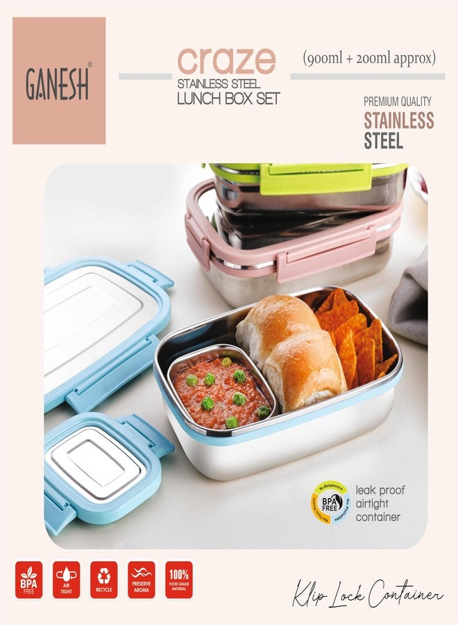 Ganesh Craze Stainless Steel Tiffin Lunch Box Container/Dabba with 4 Side Clip Lock Lid for Office & School Use/Food Grade/Air Tight/Easy to Carry/Leak Proof(900ml 1pc + 200ml 1 Pc) Green - Image 5