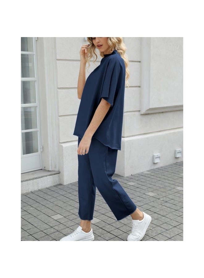 SeeLuNa Women's Two Piece Outfits 3/4 Batwing Sleeve Capelet Crew Neck Pullover Top Wide Leg Pants Lounge Set, Navy, X-Large - Image 3
