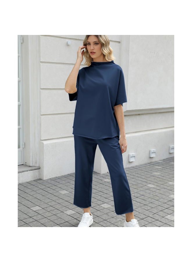 SeeLuNa Women's Two Piece Outfits 3/4 Batwing Sleeve Capelet Crew Neck Pullover Top Wide Leg Pants Lounge Set, Navy, X-Large - Image 5