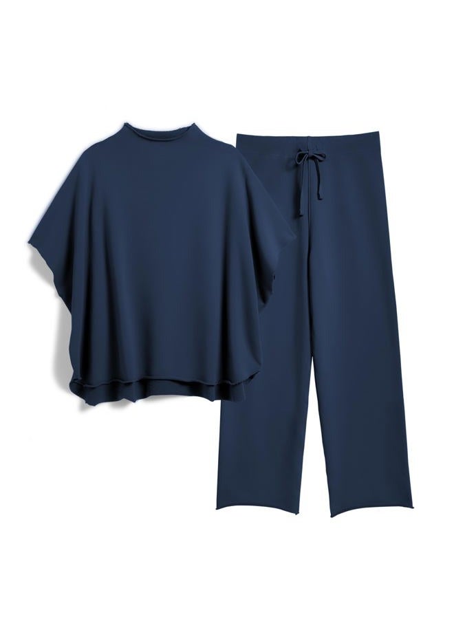SeeLuNa Women's Two Piece Outfits 3/4 Batwing Sleeve Capelet Crew Neck Pullover Top Wide Leg Pants Lounge Set, Navy, X-Large - Image 1