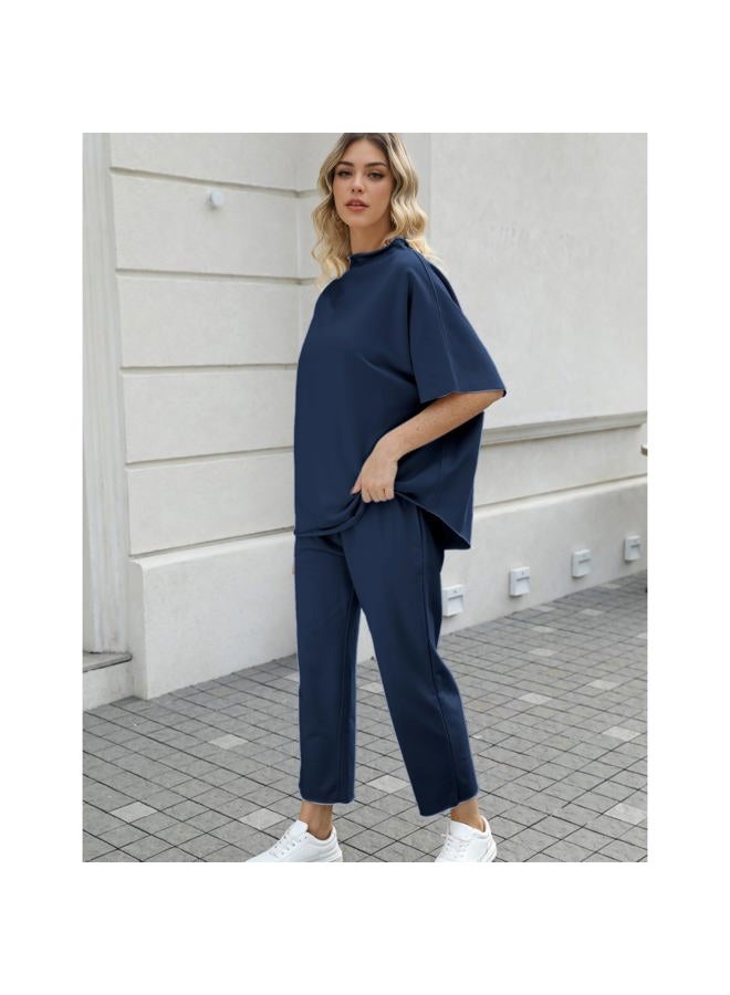 SeeLuNa Women's Two Piece Outfits 3/4 Batwing Sleeve Capelet Crew Neck Pullover Top Wide Leg Pants Lounge Set, Navy, X-Large - Image 4