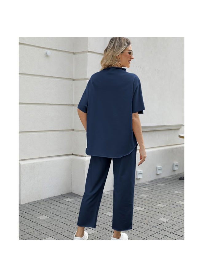 SeeLuNa Women's Two Piece Outfits 3/4 Batwing Sleeve Capelet Crew Neck Pullover Top Wide Leg Pants Lounge Set, Navy, X-Large - Image 2