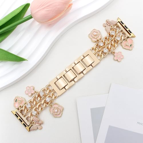 YONWORTH Cuban Chain Band Compatible with Apple Watch 42/44/45 46 49mm Women,Bling Diamond Chain Metal Wristband Cute Charms Pendants for iWatch Series 10 9 8 7 6 5 4 3 SE Ultra (A2-Gold Pink, 49MM) - Image 2