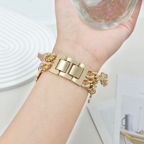YONWORTH Cuban Chain Band Compatible with Apple Watch 42/44/45 46 49mm Women,Bling Diamond Chain Metal Wristband Cute Charms Pendants for iWatch Series 10 9 8 7 6 5 4 3 SE Ultra (A2-Gold Pink, 49MM) - Image 5