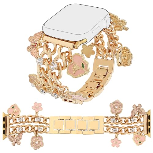 YONWORTH Cuban Chain Band Compatible with Apple Watch 42/44/45 46 49mm Women,Bling Diamond Chain Metal Wristband Cute Charms Pendants for iWatch Series 10 9 8 7 6 5 4 3 SE Ultra (A2-Gold Pink, 49MM) - Image 1