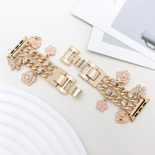 YONWORTH Cuban Chain Band Compatible with Apple Watch 42/44/45 46 49mm Women,Bling Diamond Chain Metal Wristband Cute Charms Pendants for iWatch Series 10 9 8 7 6 5 4 3 SE Ultra (A2-Gold Pink, 49MM) - Image 3