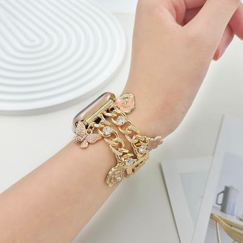 YONWORTH Cuban Chain Band Compatible with Apple Watch 42/44/45 46 49mm Women,Bling Diamond Chain Metal Wristband Cute Charms Pendants for iWatch Series 10 9 8 7 6 5 4 3 SE Ultra (A2-Gold Pink, 49MM) - Image 4