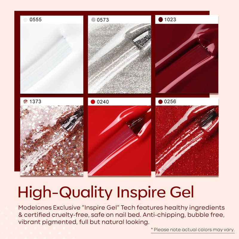 modelones Red Gel Nail Polish Set 6 Colors, White Glitter Sparkle Bright Burgundy Dark Rose Champagne Silver Candy Cane Nail Polish Kit Soak Off Nail Art Manicure Salon DIY Gift Women - Image 4
