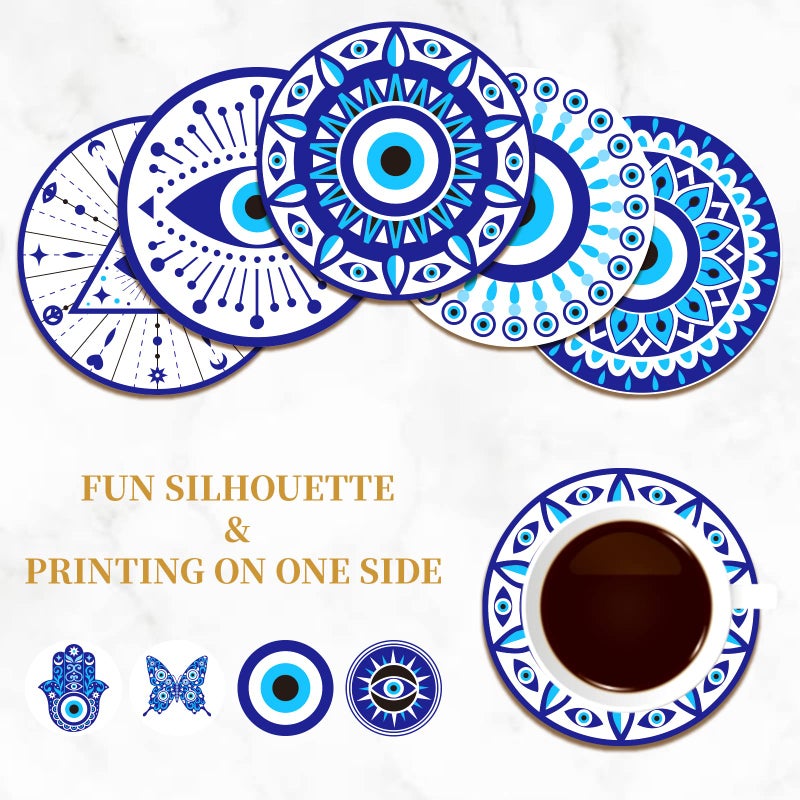 BENECREAT 9Pcs Evil Eye Wood Coasters, Butterfly Mandala Flower Wood Drink Coaster Coffee Cup Mat for Kitchen Table Bar Cup Home Dining Decor, 4" Diameter, 5mm Thick - Image 4