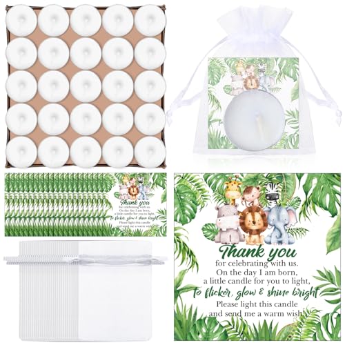 MTLEE 50 Sets Baby Shower Candle Favors for Guests Including 50 Pcs Tea Light Candles and 50 Thank Tags and 50 Return Gift Bags for Baby Shower Gender Reveal Party SuppliesWhiteAnimals