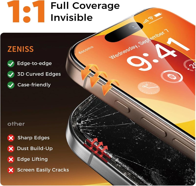 Zeniss NeverBreak 9H+ Hardness for iPhone 16 Pro Max Screen Protector 12FT Military Grade Protection (Scratch, Shatter, Drop Resistance) Tempered Glass Full Edge Coverage 6.9" 2 Pack with De-Bubble Card - Image 4
