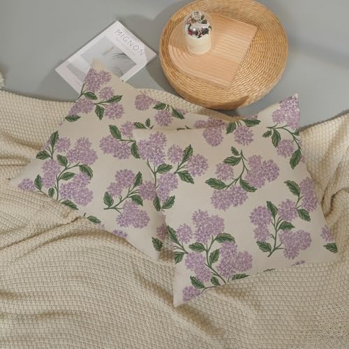 DAFENA Purple Pink Spring Pillow Covers 18x18 Inch 2 Pcs Green Hydrangea Flower Decor Throw Pillows Vintage Floral Seasonal Summer Outdoor Decoration Pillowcase Linen Cushion Cover for Couch Sofa - Image 5