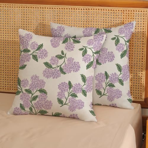 DAFENA Purple Pink Spring Pillow Covers 18x18 Inch 2 Pcs Green Hydrangea Flower Decor Throw Pillows Vintage Floral Seasonal Summer Outdoor Decoration Pillowcase Linen Cushion Cover for Couch Sofa - Image 2