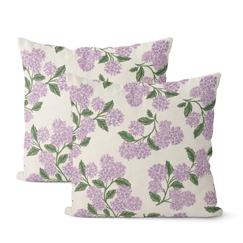 DAFENA Purple Pink Spring Pillow Covers 18x18 Inch 2 Pcs Green Hydrangea Flower Decor Throw Pillows Vintage Floral Seasonal Summer Outdoor Decoration Pillowcase Linen Cushion Cover for Couch Sofa - Image 1