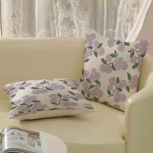 DAFENA Purple Pink Spring Pillow Covers 18x18 Inch 2 Pcs Green Hydrangea Flower Decor Throw Pillows Vintage Floral Seasonal Summer Outdoor Decoration Pillowcase Linen Cushion Cover for Couch Sofa - Image 4