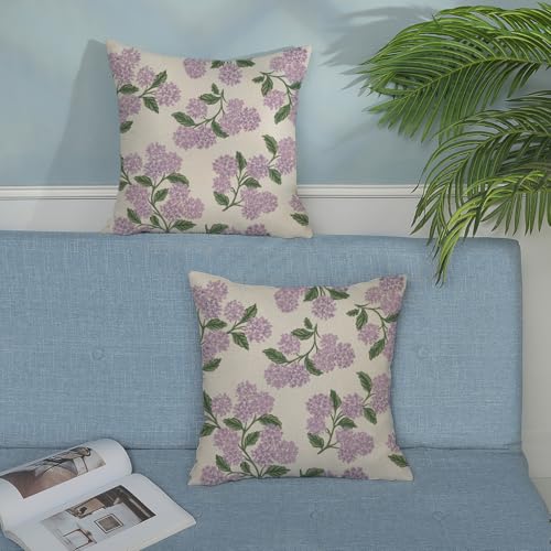 DAFENA Purple Pink Spring Pillow Covers 18x18 Inch 2 Pcs Green Hydrangea Flower Decor Throw Pillows Vintage Floral Seasonal Summer Outdoor Decoration Pillowcase Linen Cushion Cover for Couch Sofa - Image 3