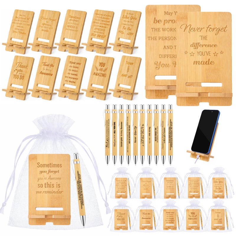 Tarevaniwa 30 Pcs Employee Appreciation Gifts Bulk, 10 Wooden Phone Stands, 10 Motivational Pens with White Organza Bags, Thank You Gifts for Coworkers, Staff, Team, Volunteers, Nurses, Teachers, Office Desk - Image 1