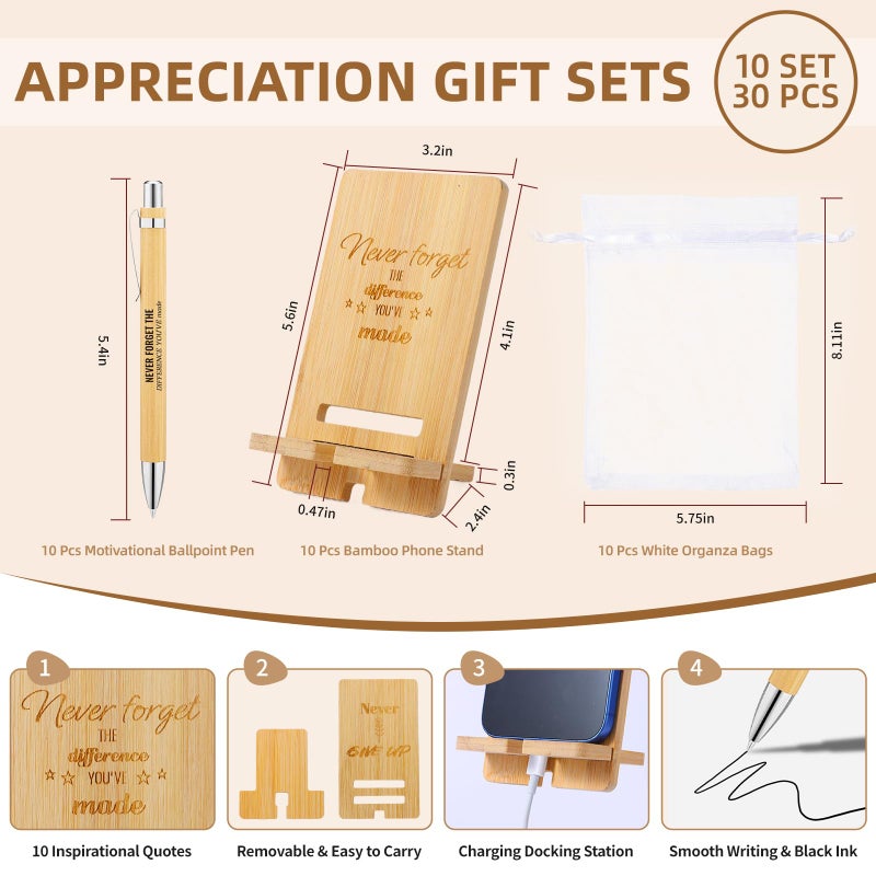 Tarevaniwa 30 Pcs Employee Appreciation Gifts Bulk, 10 Wooden Phone Stands, 10 Motivational Pens with White Organza Bags, Thank You Gifts for Coworkers, Staff, Team, Volunteers, Nurses, Teachers, Office Desk - Image 2