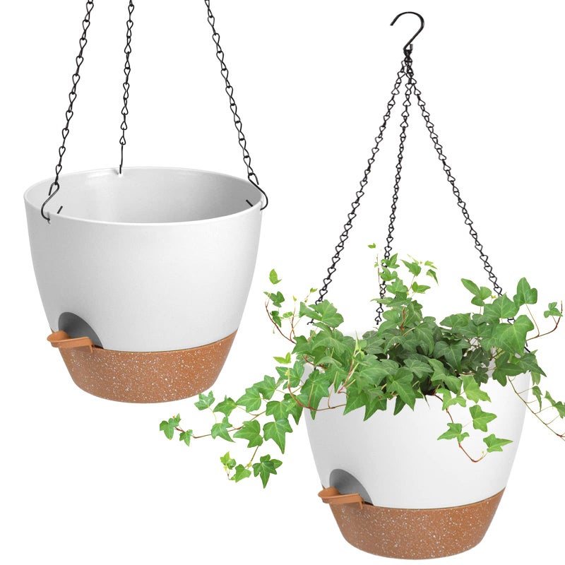Vanslogreen Hanging Planters for Indoor Outdoor Plants, 2 Pack Self Watering Hanging Pot with Drainage Holes & Removable Tray (White, 8'') - Image 1