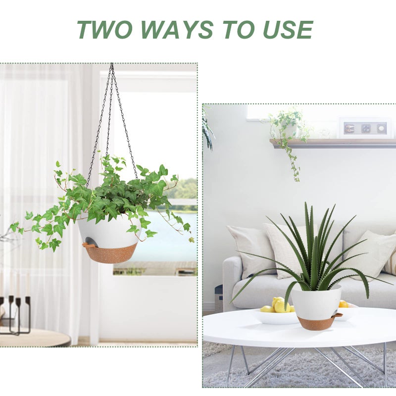 Vanslogreen Hanging Planters for Indoor Outdoor Plants, 2 Pack Self Watering Hanging Pot with Drainage Holes & Removable Tray (White, 8'') - Image 5
