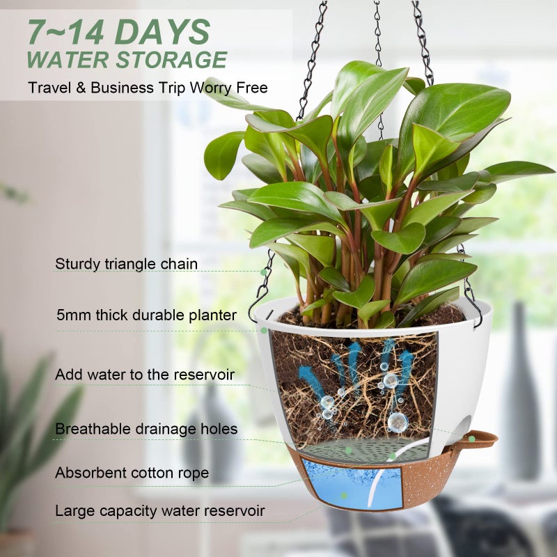 Vanslogreen Hanging Planters for Indoor Outdoor Plants, 2 Pack Self Watering Hanging Pot with Drainage Holes & Removable Tray (White, 8'') - Image 2