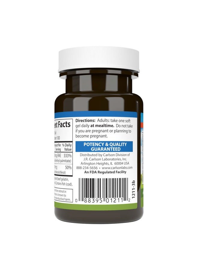Carlson A & D, 10000 IU (3000 mcg RAE) Vitamin A, 400 IU (10 mcg) Vitamin D3, Vision Support, Skin Health, 100 Soft Gels - Image 3