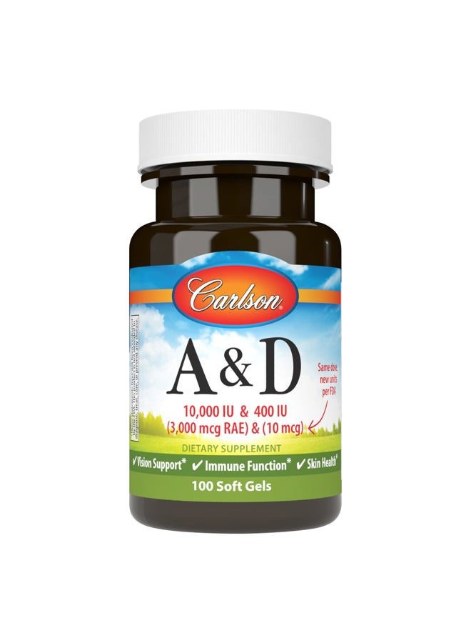 Carlson A & D, 10000 IU (3000 mcg RAE) Vitamin A, 400 IU (10 mcg) Vitamin D3, Vision Support, Skin Health, 100 Soft Gels - Image 1