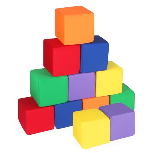 UHAPPYEE Foam Blocks for Toddlers 1-3, 12 PCS 5.5 inch Foam Soft Cubes for Kids, Colourful Building Blocks, Stacking Block Sets, Throwing Toys - Image 1