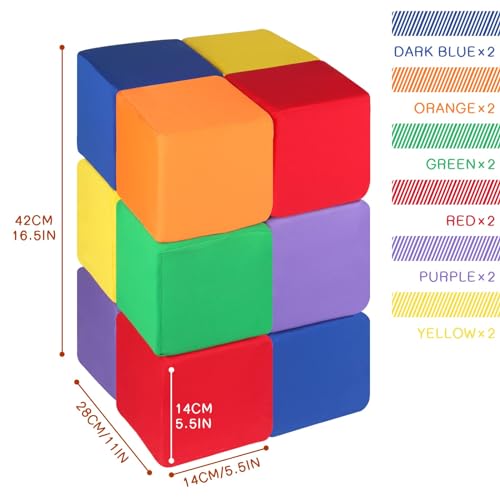 UHAPPYEE Foam Blocks for Toddlers 1-3, 12 PCS 5.5 inch Foam Soft Cubes for Kids, Colourful Building Blocks, Stacking Block Sets, Throwing Toys - Image 2