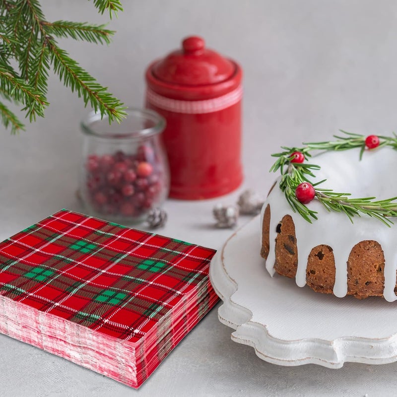 Whaline 100 Pack Christmas Paper Napkins Red Green Buffalo Plaid Disposable Napkins Checkered Pattern Xmas Lunch Napkins for Christmas Holiday Dinner Party Supplies 65 x 65 Inch - Image 4