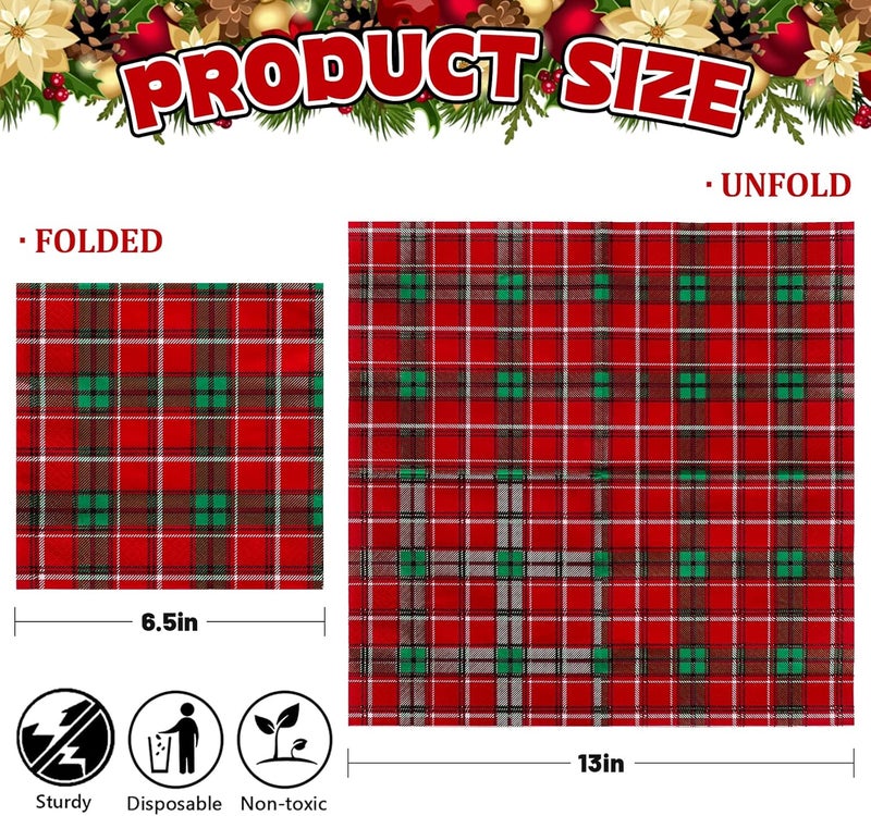 Whaline 100 Pack Christmas Paper Napkins Red Green Buffalo Plaid Disposable Napkins Checkered Pattern Xmas Lunch Napkins for Christmas Holiday Dinner Party Supplies 65 x 65 Inch - Image 2