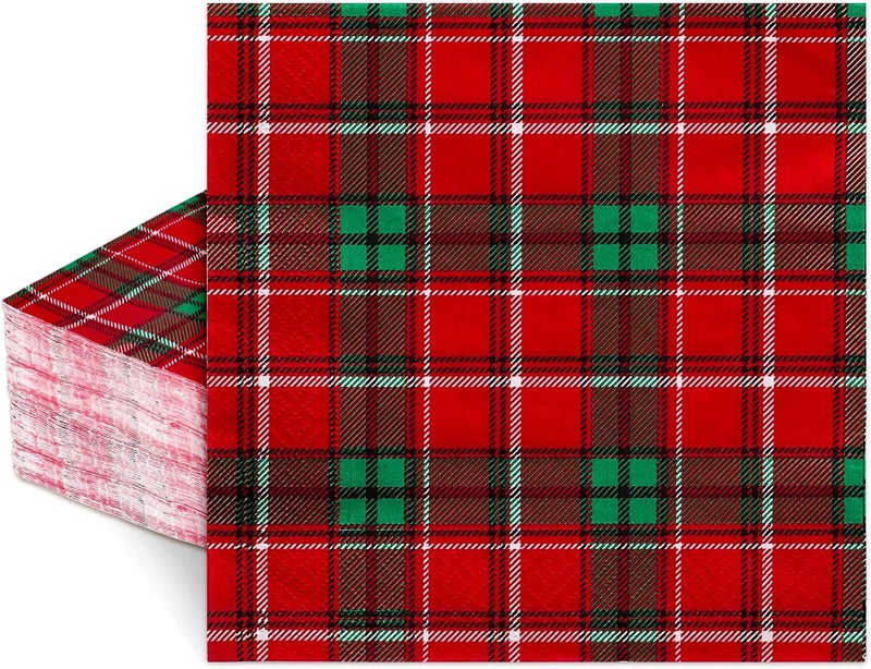 Whaline 100 Pack Christmas Paper Napkins Red Green Buffalo Plaid Disposable Napkins Checkered Pattern Xmas Lunch Napkins for Christmas Holiday Dinner Party Supplies 65 x 65 Inch - Image 1