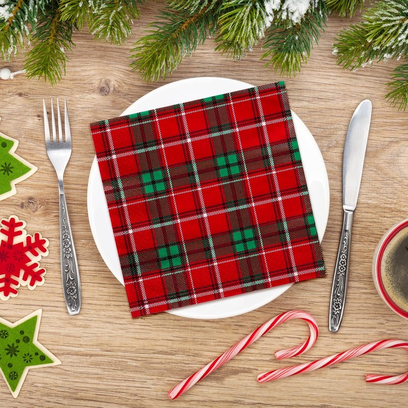 Whaline 100 Pack Christmas Paper Napkins Red Green Buffalo Plaid Disposable Napkins Checkered Pattern Xmas Lunch Napkins for Christmas Holiday Dinner Party Supplies 65 x 65 Inch - Image 3